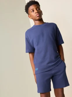Shorts|Next - Set van T-shirt met textuur en korte mouwen en shorts (3 - 16 jr) Donkerblauw