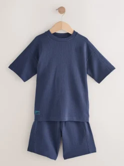 Shorts|Next - Set van T-shirt met textuur en korte mouwen en shorts (3 - 16 jr) Donkerblauw