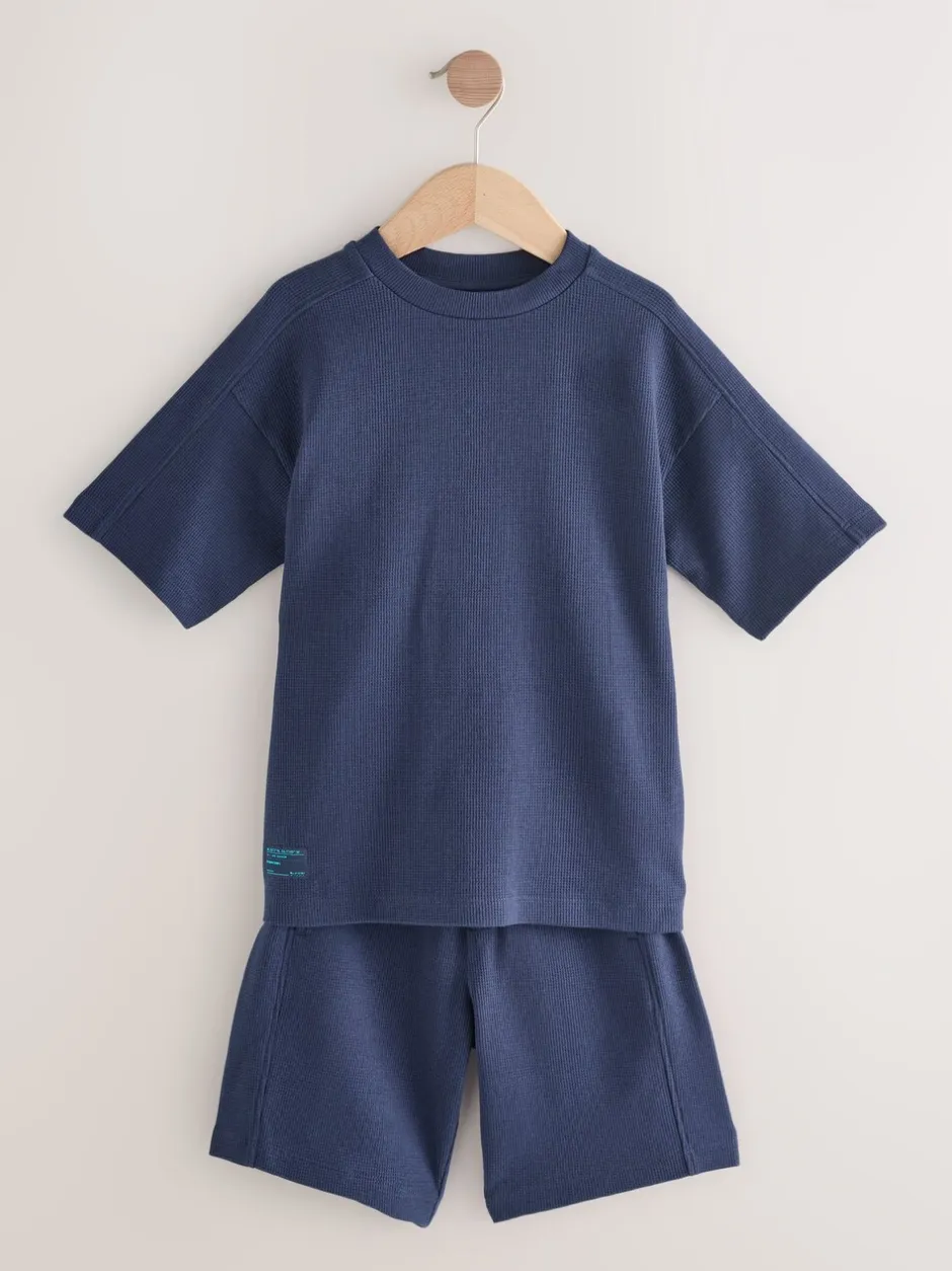 Shorts|Next - Set van T-shirt met textuur en korte mouwen en shorts (3 - 16 jr) Donkerblauw