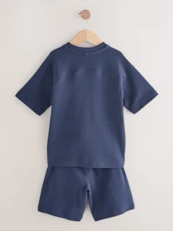 Shorts|Next - Set van T-shirt met textuur en korte mouwen en shorts (3 - 16 jr) Donkerblauw