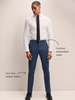 Broeken En Chino's|Next - Slim Fit - Elasticated Waist Motionflex Stretch Smart Trousers Donkerblauw