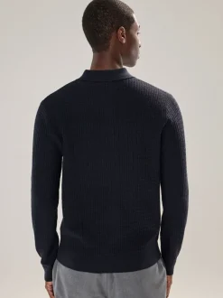 Gebreide Kleding|Poloshirts|Next - Textuur - Regular Fit Essential Long Sleeve Knitted Polo Shirt Donkerblauw