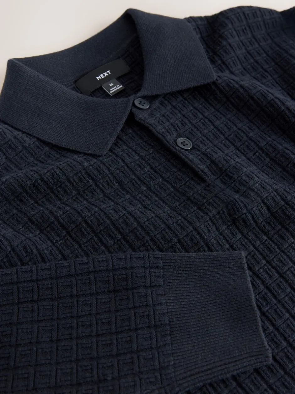Gebreide Kleding|Poloshirts|Next - Textuur - Regular Fit Essential Long Sleeve Knitted Polo Shirt Donkerblauw