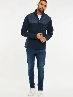 Jassen En Jacks|Sweaters En Hoody´S|Threadbare - doorgestikt fleece sweatshirt met kwartrits Donkerblauw