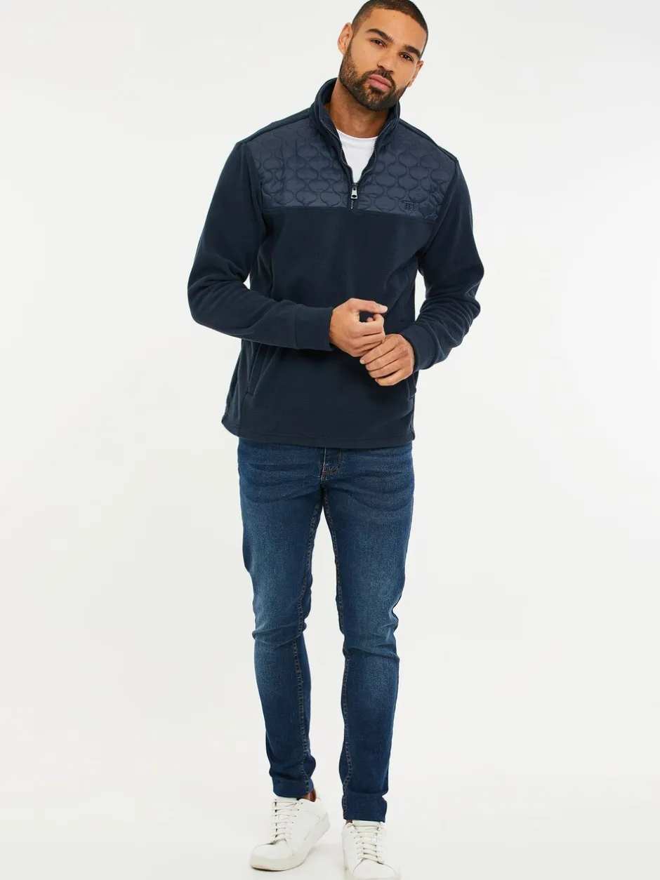 Jassen En Jacks|Sweaters En Hoody´S|Threadbare - doorgestikt fleece sweatshirt met kwartrits Donkerblauw