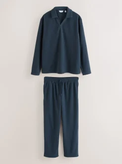 Pyjama's|Next Donkerblauw - Towelling Long Sleeve Trophy Neck Pyjamas Set