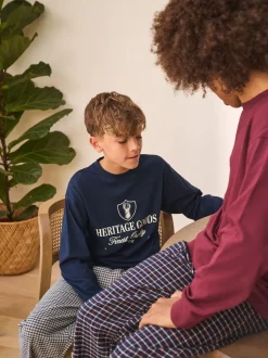 Pyjama's|Nachtkleding En Pyjama's|Next Donkerblauw/bordeauxrood - Set van 2 geweven geruite pyjama's met lange mouwen (3-16jr)