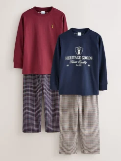 Pyjama's|Nachtkleding En Pyjama's|Next Donkerblauw/bordeauxrood - Set van 2 geweven geruite pyjama's met lange mouwen (3-16jr)