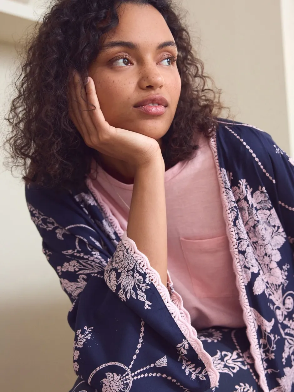 Badjassen*Laura Ashley Donkerblauw/roze - Josette badjas