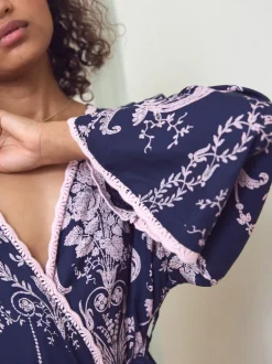 Badjassen*Laura Ashley Donkerblauw/roze - Josette badjas