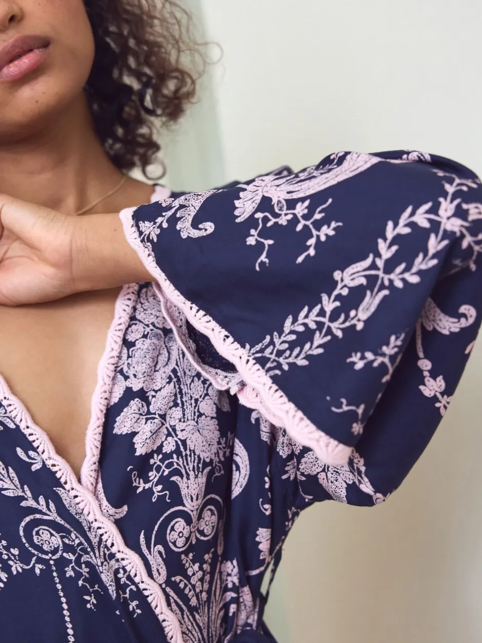Badjassen*Laura Ashley Donkerblauw/roze - Josette badjas