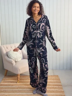Pyjama's|Loungewear|Laura Ashley Donkerblauw/roze - Josette pyjama met knopen