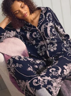 Pyjama's|Loungewear|Laura Ashley Donkerblauw/roze - Josette pyjama met knopen