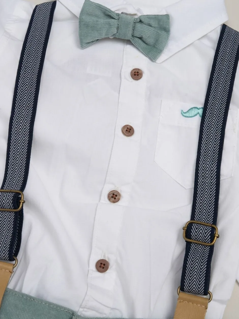 Shirts|Little Gent Donkergroen - Corduroy Bow Tie Mock Shirt and Trousers With Braces Outfit Set