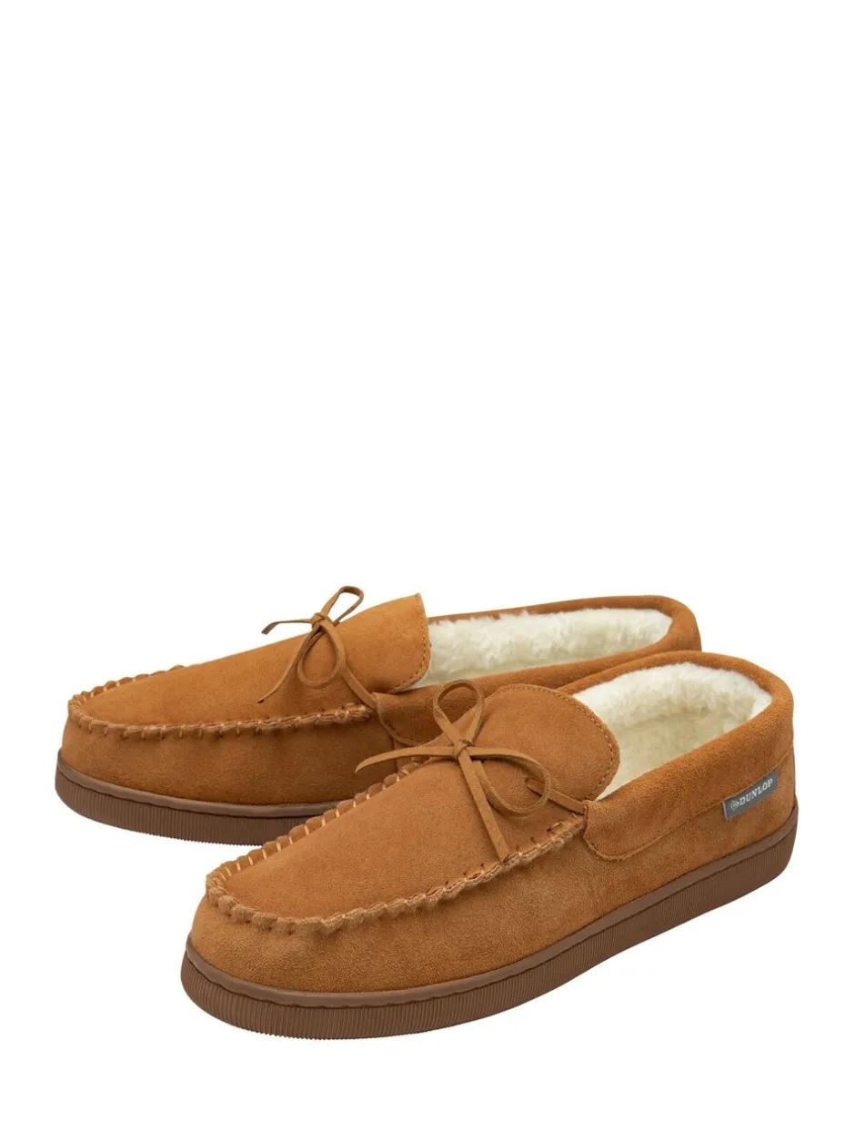 Pantoffels*Dunlop heren leren moccasinpantoffels met imitatiebontvoering