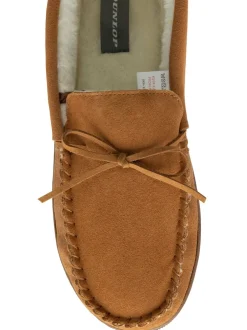 Pantoffels*Dunlop heren leren moccasinpantoffels met imitatiebontvoering