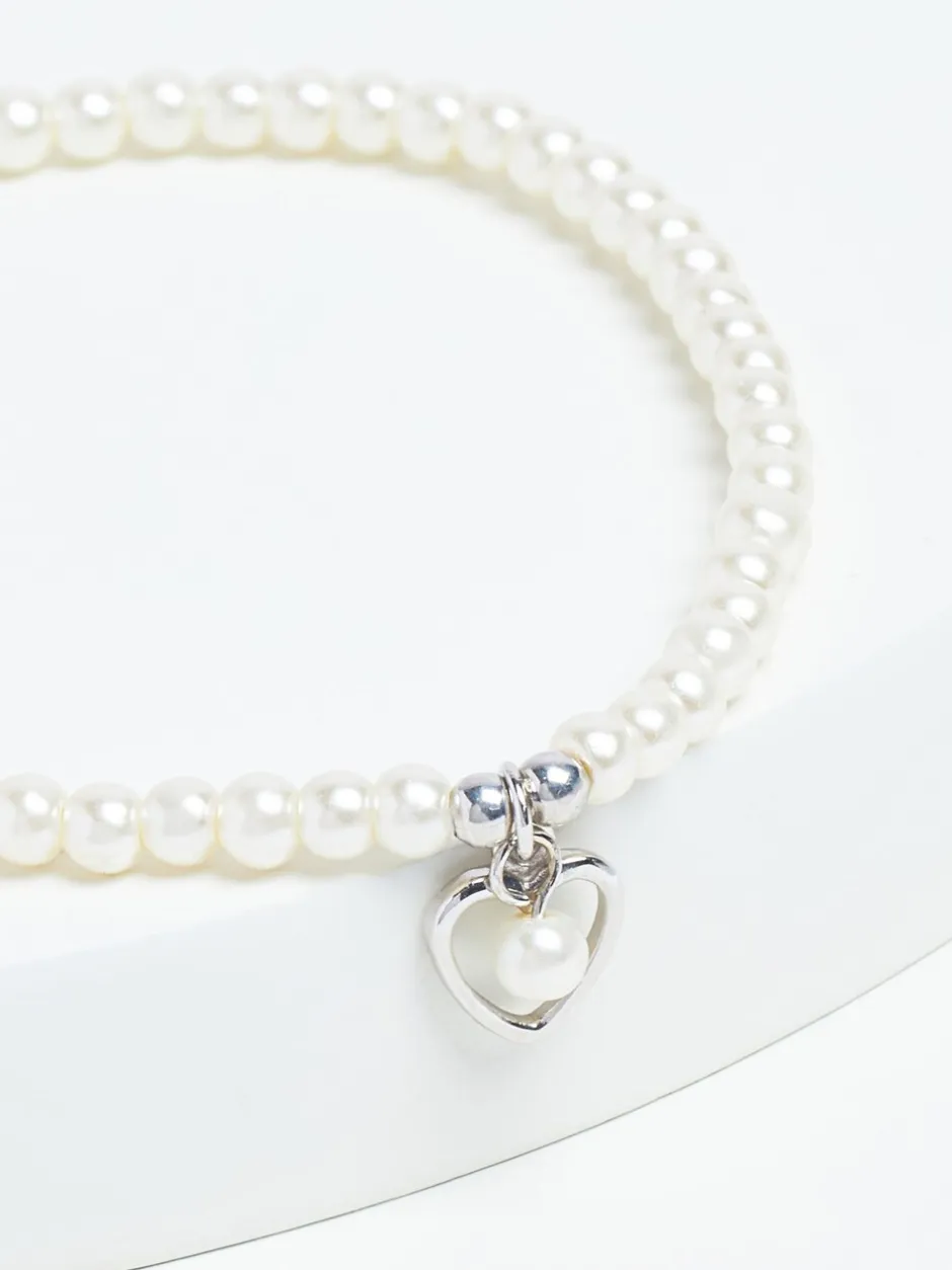 Sieraden|Next Echt zilver - Armband met kralen, pareleffect en hartjesbedel