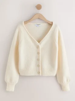 Gebreide Kleding|Next - Heart Button Cardigan With Wool Ecru