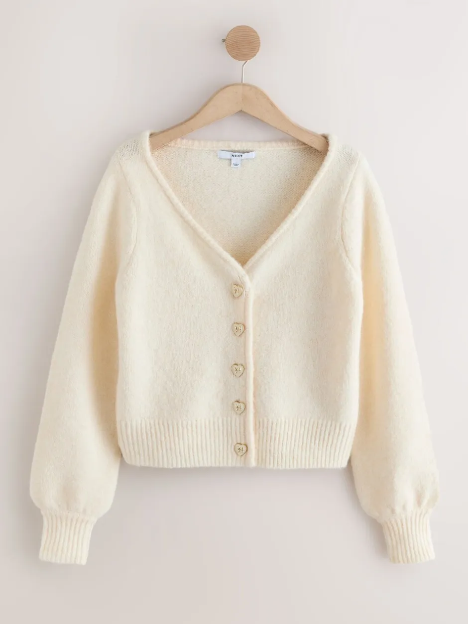Gebreide Kleding|Next - Heart Button Cardigan With Wool Ecru