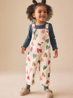 Sets En Combisets|Jumpsuits En Playsuits|Next Ecru - Heart Print Dungarees and T-Shirt Set (3mths-7yrs)