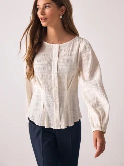 Blouses En Overhemden|Tops En T-Shirts*Next - Long Sleeve Boatneck Textured Button-Front Blouse Ecru