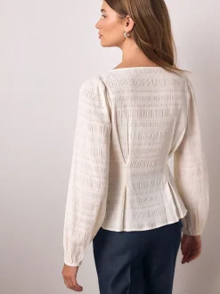 Blouses En Overhemden|Tops En T-Shirts*Next - Long Sleeve Boatneck Textured Button-Front Blouse Ecru