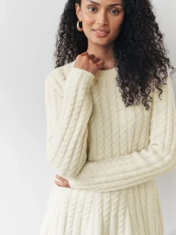 Jurken|Next - Mini-trui-jurk met kabelpatroon Ecru
