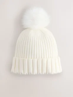 Mutsen, Handschoenen En Sjaals*Next Ecru - Rib Knit Pom Hat