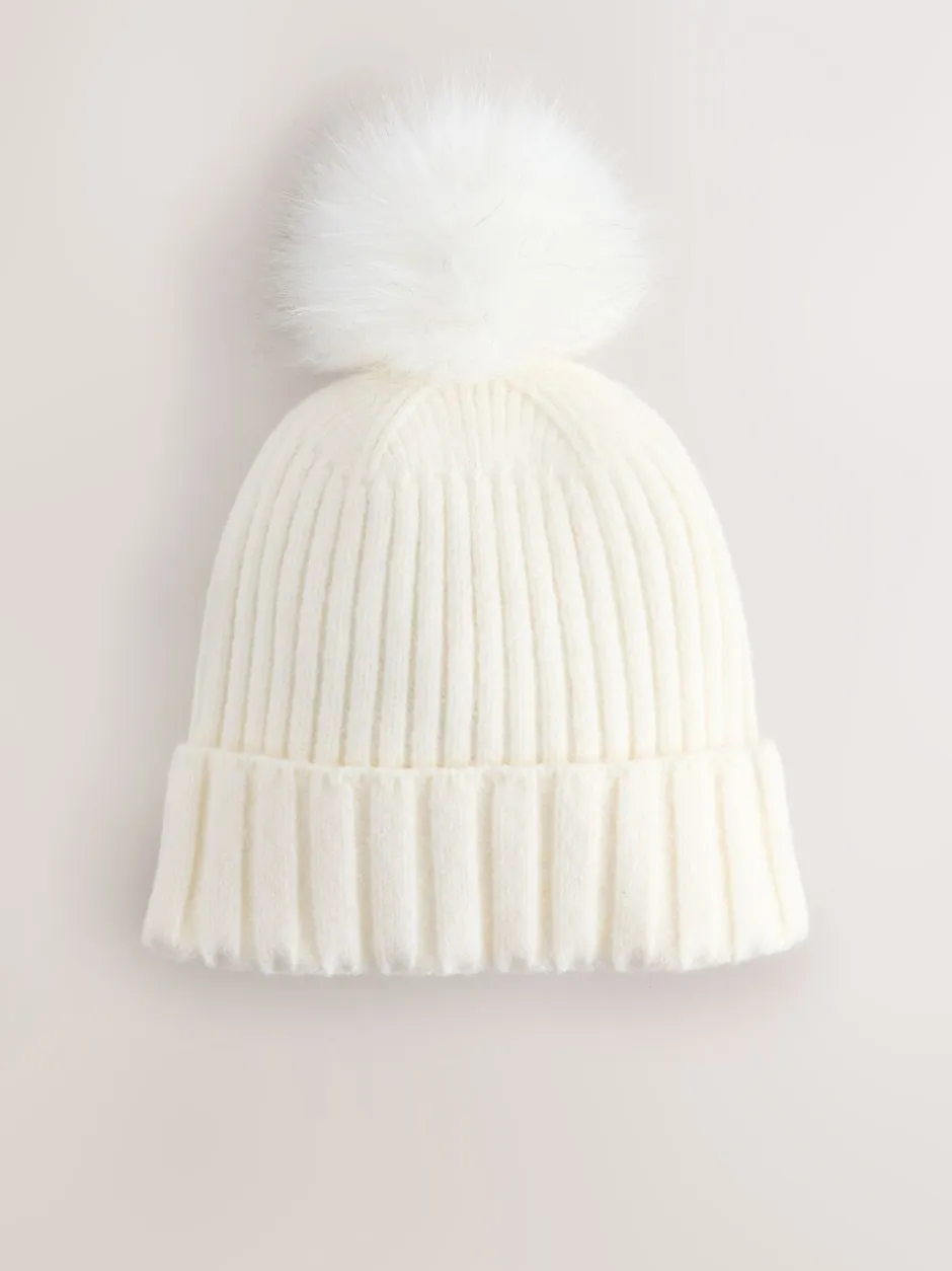 Mutsen, Handschoenen En Sjaals*Next Ecru - Rib Knit Pom Hat