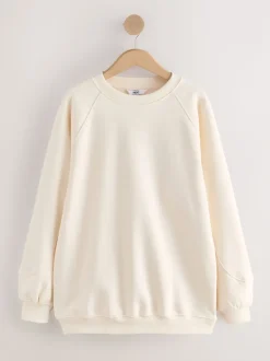 Hoody's En Sweatshirts*Next - Relaxed Fit Heavyweight Longline Crew Neck Sweatshirt Ecru gebroken wit