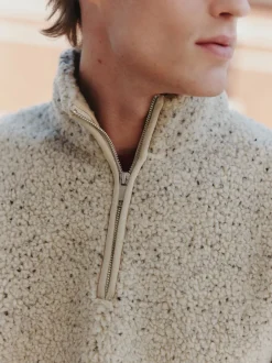 Loungewear|Jassen En Jacks*Next - Borg fleece met opstaande kraag en korte rits Ecru gemêleerd nep