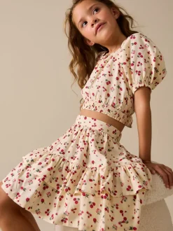 Shorts En Rokken*Next - Puff Sleeve Blouse and Skirt Set (3-16yrs) Ecru met aardbei