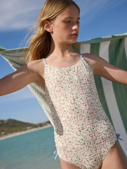 Badkleding|Next - Strappy Ruched Swimsuit (3-16yrs) Ecru met fijne bloemenprint