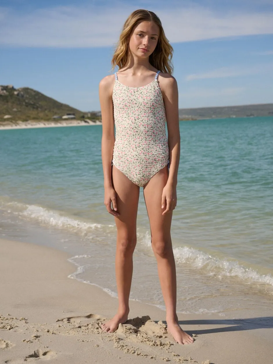 Badkleding|Next - Strappy Ruched Swimsuit (3-16yrs) Ecru met fijne bloemenprint