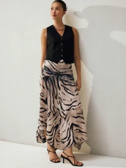Rokken|Next - Kreukeltextuur Satijn Asymmetrische Midi-rok Ecru met zebraprint