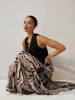 Rokken|Next - Kreukeltextuur Satijn Asymmetrische Midi-rok Ecru met zebraprint