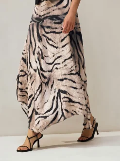 Rokken|Next - Kreukeltextuur Satijn Asymmetrische Midi-rok Ecru met zebraprint