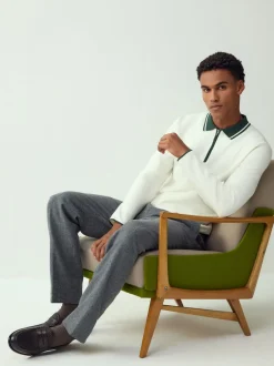 Gebreide Kleding|Poloshirts|Next Ecru White/Green - Half met rits - Regular Fit Premium Mid Weight Long Sleeve Knit Polo Shirt