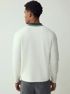 Gebreide Kleding|Poloshirts|Next Ecru White/Green - Half met rits - Regular Fit Premium Mid Weight Long Sleeve Knit Polo Shirt