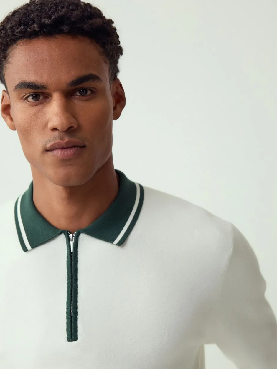 Gebreide Kleding|Poloshirts|Next Ecru White/Green - Half met rits - Regular Fit Premium Mid Weight Long Sleeve Knit Polo Shirt