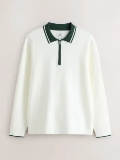 Gebreide Kleding|Poloshirts|Next Ecru White/Green - Half met rits - Regular Fit Premium Mid Weight Long Sleeve Knit Polo Shirt