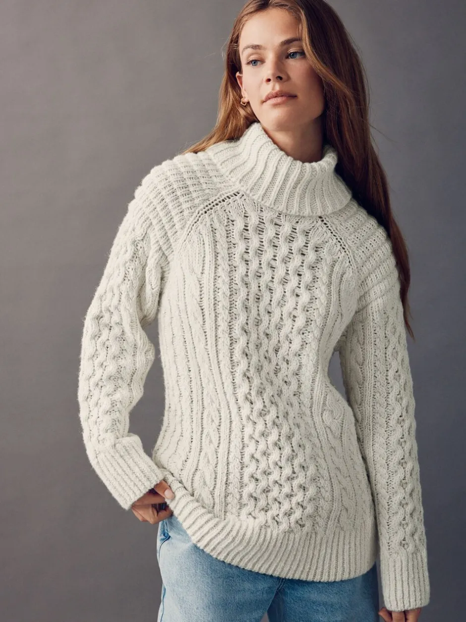 Gebreide Kleding|Next - Roll Neck Cable Longline Jumper with Wool Ecru wit