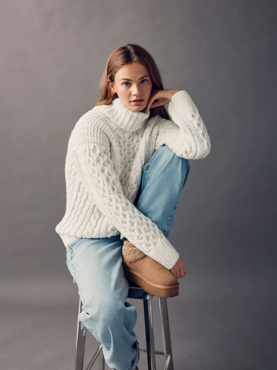 Gebreide Kleding|Next - Roll Neck Cable Longline Jumper with Wool Ecru wit