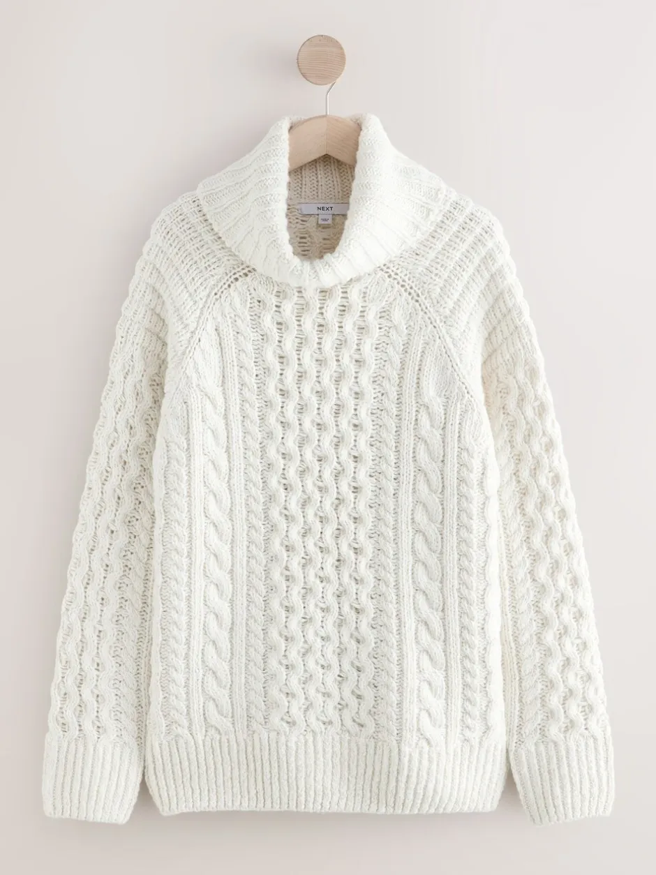 Gebreide Kleding|Next - Roll Neck Cable Longline Jumper with Wool Ecru wit