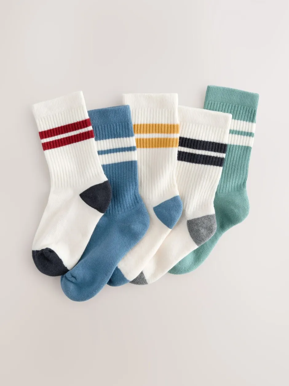 Sokken*Next Ecru/Blauw/Mineraal - Set van 5 paar geribbelde sokken met verzacht voetbed, katoengehalte en gekleurde boorden