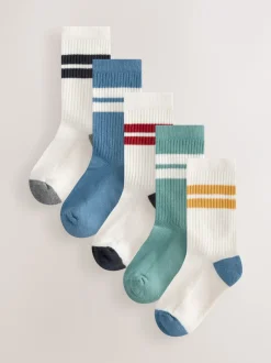 Sokken*Next Ecru/Blauw/Mineraal - Set van 5 paar geribbelde sokken met verzacht voetbed, katoengehalte en gekleurde boorden