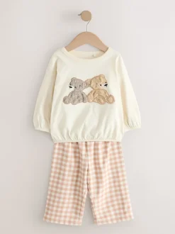 Nachtkleding En Pyjama's|Pyjama's|Next Ecru/Brown Aspen Bear - Sweatshirt Pyjamas with Woven Bottoms Set (9mths-10yrs)