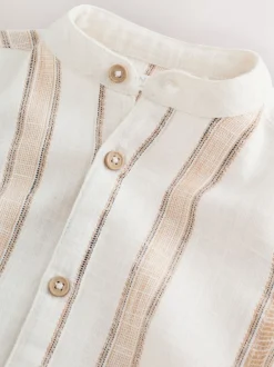 Shirts*Next Ecru/bruin - Short Sleeve Grandad Collar Textured Stripe Shirt (3mths-7yrs)