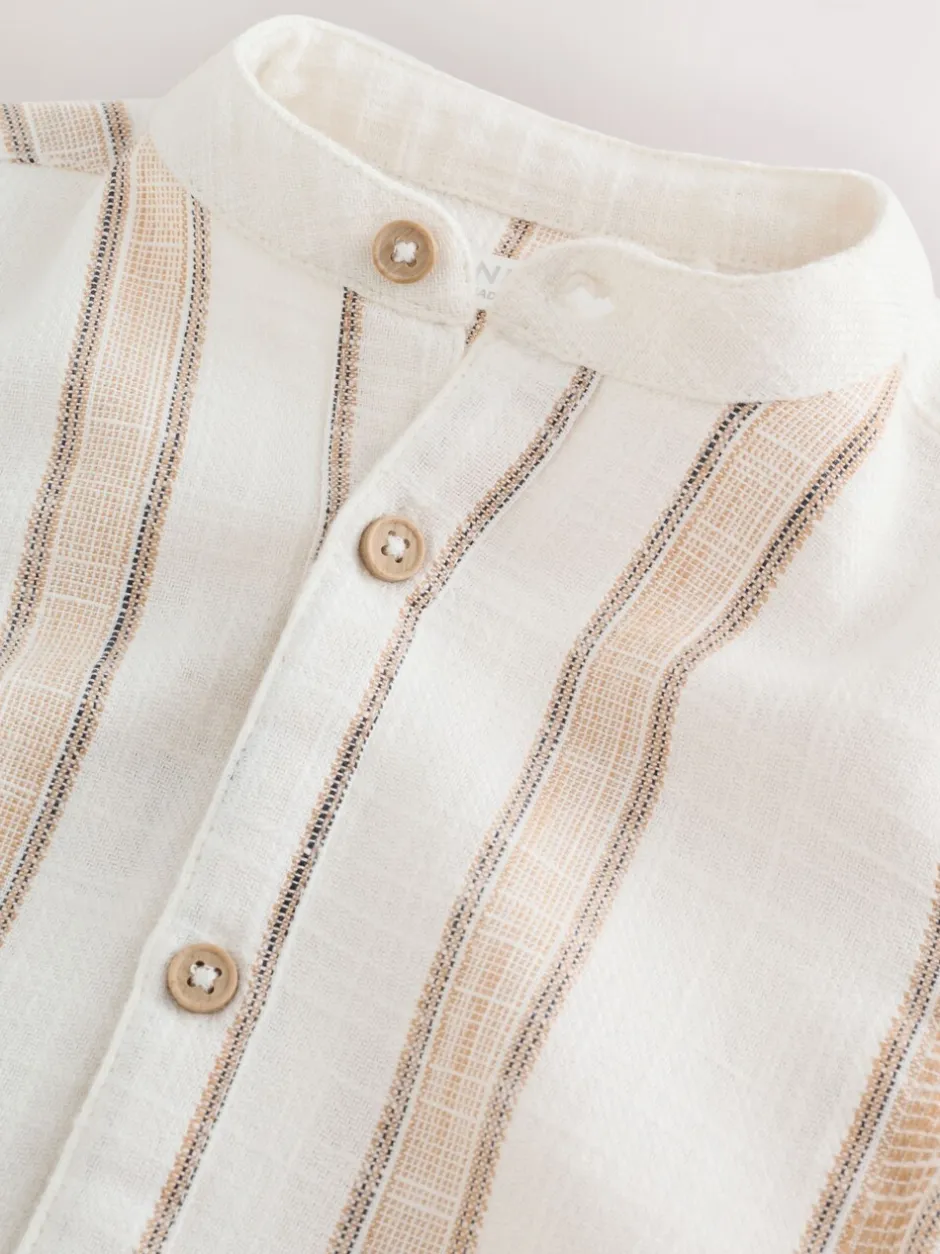 Shirts*Next Ecru/bruin - Short Sleeve Grandad Collar Textured Stripe Shirt (3mths-7yrs)