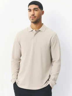 Poloshirts|T-Shirts En Hemden*Next Ecru/Havermout - Normale Pasvorm - Piqué polo met lange mouwen